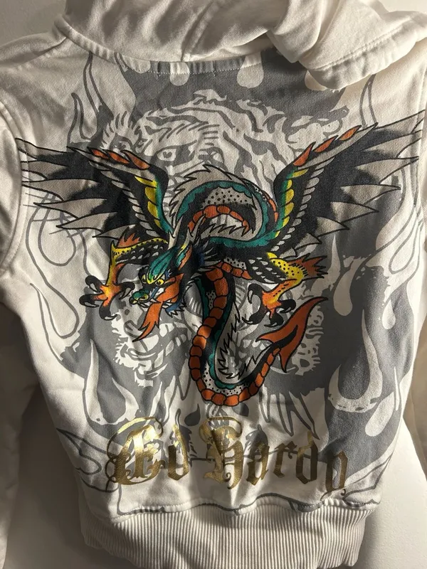 Ed Hardy Women's White Zip-Up Hoodie with Tiger and Dragon Graphic - Image 6