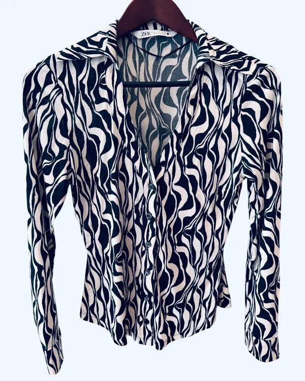 Zara Black White Geometric Print Blouse Career Button Down S - Image 2