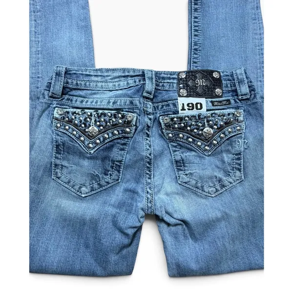 Miss Me Signature Cuffed Skinny Jeans Medium Wash Embellished Studded Size 28 - Image 2