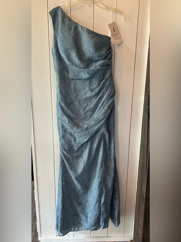 Light Blue Floral Lace Draped Formal Gown size 12 - Image 4