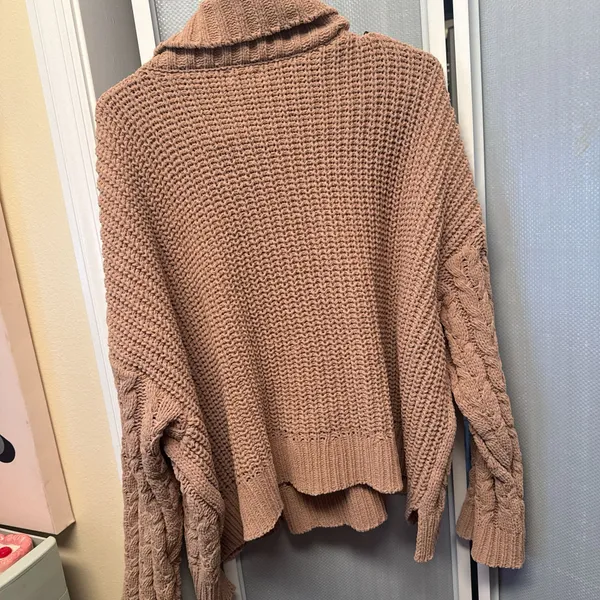 POL Clothing Cowl Neck Cable Knit Chenille Sweater in Salmon - Image 3