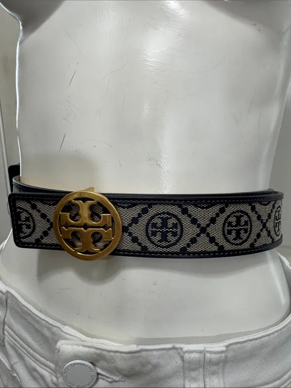 Tory Burch Black and Beige Logo Web Belt with Gold Medallion Buckle Size Small - Image 3