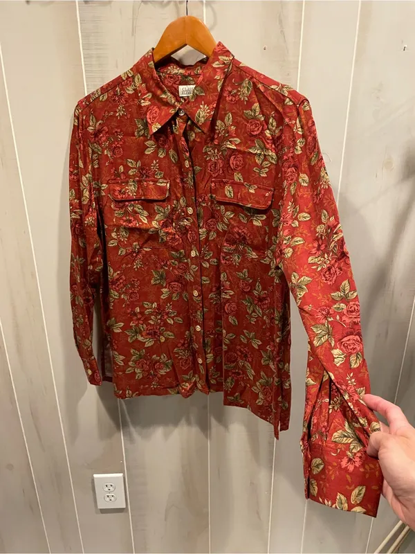 Cute rose wine cottagecore flowy blouse vintage 90s button front classic twee - Image 3