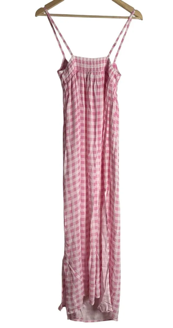 Playa Lucila Pink Check Gingham Empire Slit Maxi Slip Dress Picnic Preppy XS - Image 8