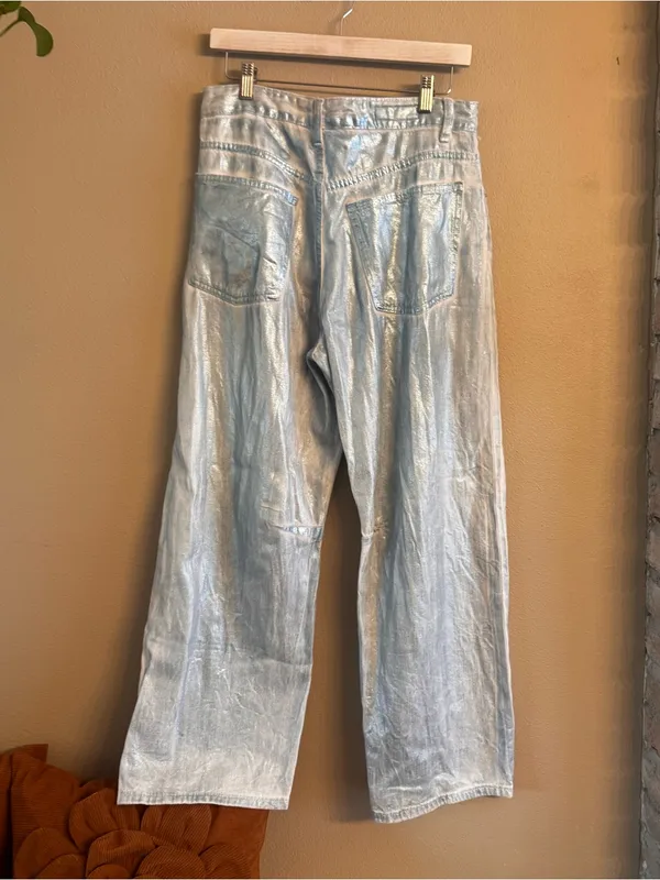 ZARA‎ Baggy Foil Coated Mid Rise Denim - Image 5