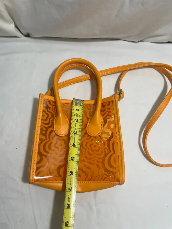 Orange Clear Floral PVC Mini Crossbody Satchel Tote Bag Transparent Top Handle - Image 2