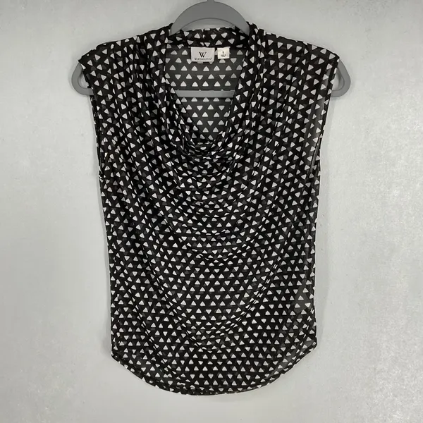 Worthington Womens Blouse Black White Geometric Mesh Cowl Neck Small - Image 2
