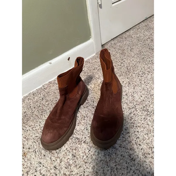 Women's Side 8 Boots Faux Suede Tan Brown Ribbed Mid-Calf Pull On Stretch - Image 3