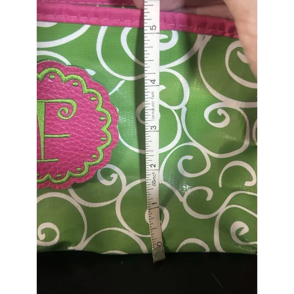Monogram F Green Pink Swirl Cosmetic Makeup Bag Travel Organizer 10” 4” - Image 8