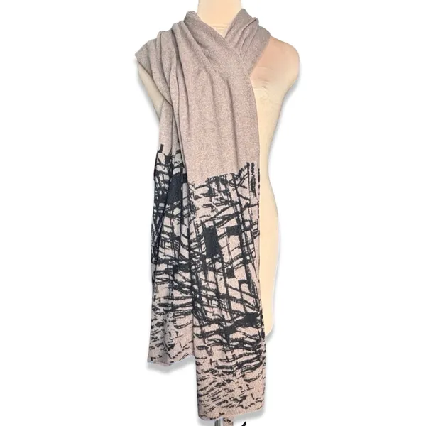 Neutral Taupe Beige Abstract Art Knit Shawl Wrap Poncho Scarf Lightweight‎ Layer - Image 8