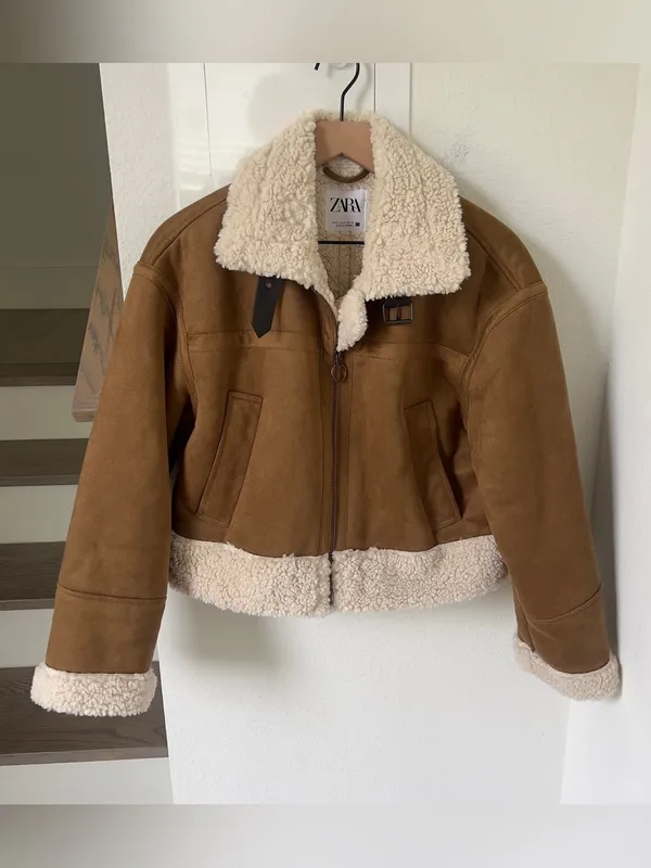 Zara Double Faced Jacket with Central Zip in Brown - Image 3