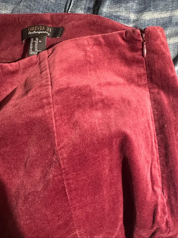 Forever 21 Contemporary Burgundy Velvet Flare Pants High Rise Side Zip XL - Image 5