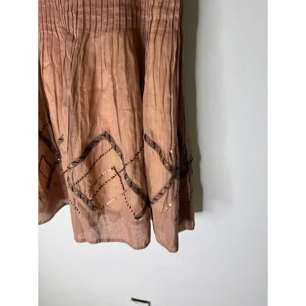 Elevenses Anthropologie Brown Cotton Pleated Sequin Midi Dress Womens 8 - Image 4