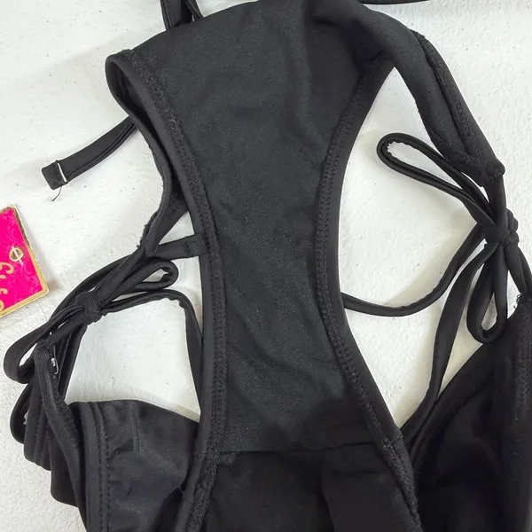 NEW‎ Candie's black floral embroidered push up tie halter bikini swimsuit set M - Image 9