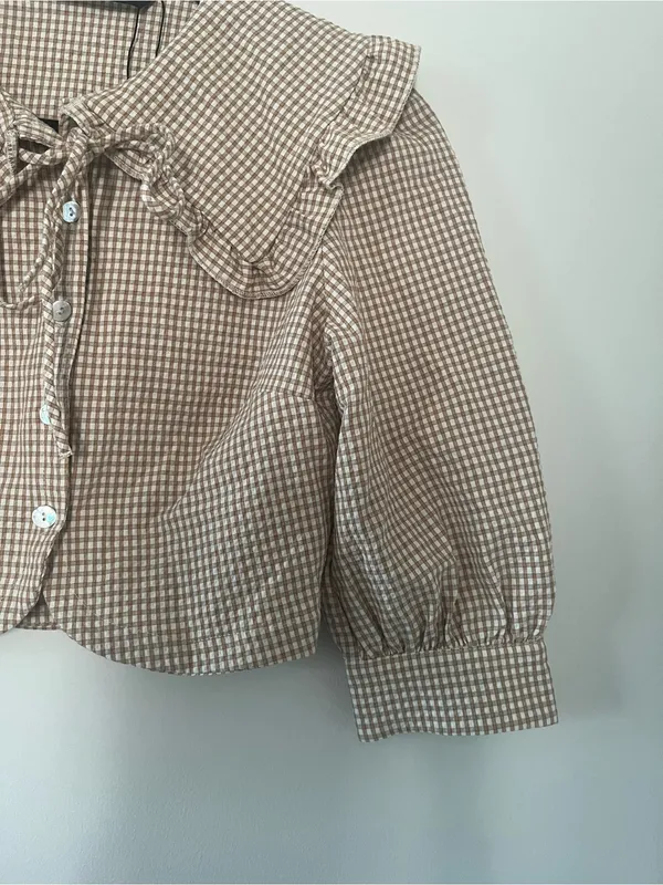 Zara Tan White Gingham Collared Puff Sleeve Top XS Cottagecore Western Farm - Image 4