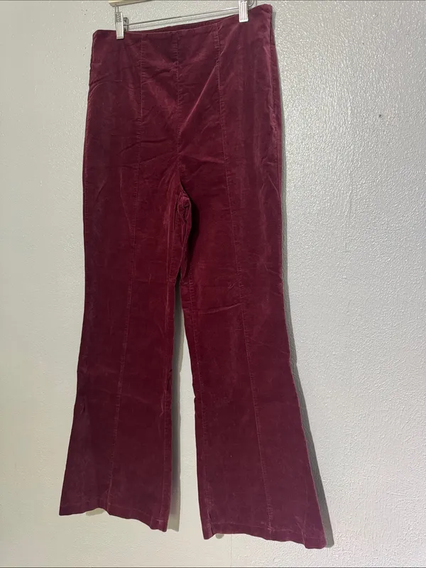 Forever 21 Contemporary Burgundy Velvet Flare Pants High Rise Side Zip XL - Image 2