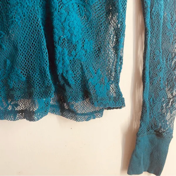 Free People Cool With It Lace Long Sleeve Top Teal Sheer Floral Mesh Size M - Image 7