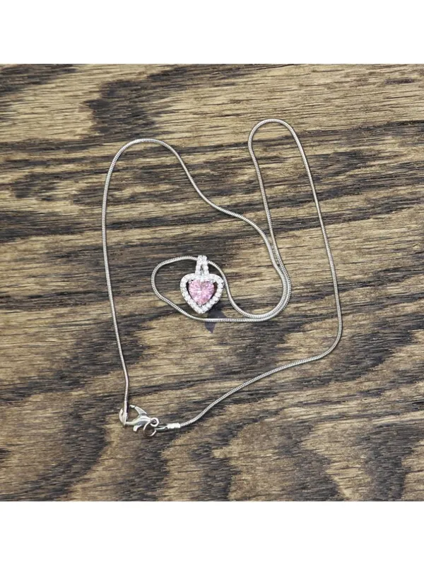 NEW Halo Heart Pendant Necklace on Snake Chain Silver Gray / Pink 17.5" - Image 2