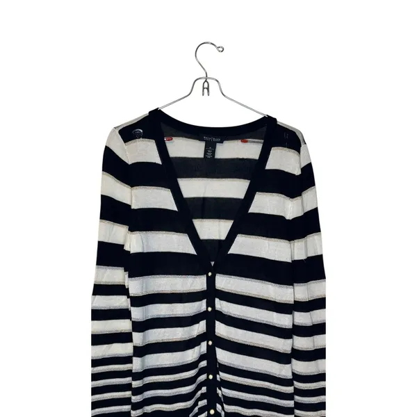 White House Black Market Women's Sweater‎ Snap Button Sparkle Striped Sz. Medium - Image 4