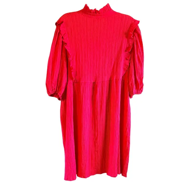 Womens Red Ruffle Shoulder‎ Dress Textured Puff Sleeve XL - Image 4