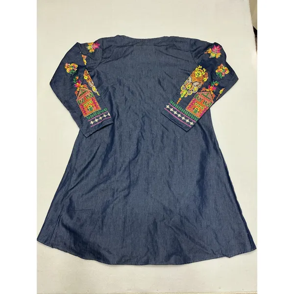 JK Collection Womens Chambray Dress Embroidered Floral Button Boho Folk Art XL - Image 2