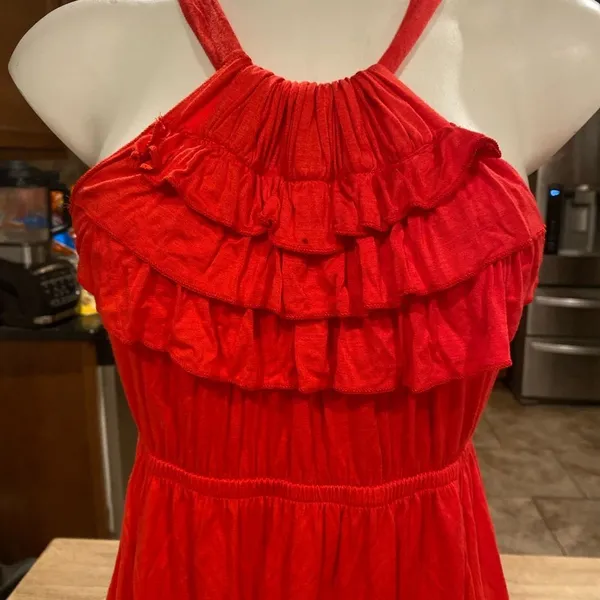 Ophelia Ruffle Tiered Halter Sundress Womens Medium Poppy Red Stretch Knit - Image 2