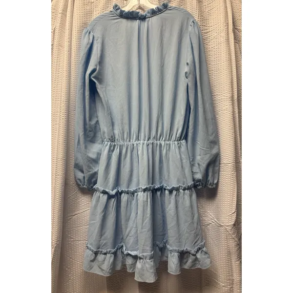 Women's Baby Blue Tiered Mini Dress Tie Front Balloon Long‎ Sleeve L - Image 7