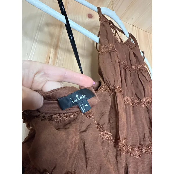 NWT Lulus Madriana Brown Halter Neck Ruffed Midi Dress Bohemian Summer Sz M - Image 6