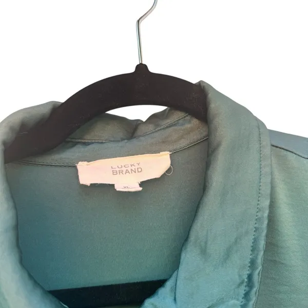 Lucky Brand Jewel Green Satin Shirt Dress XL Utility Long Sleeve Midi Pockets - Image 7