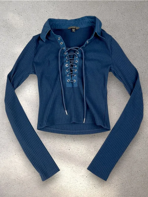 GUESS Lace-Up Collared Crop Top Women's XS Navy Ribbed Long Sleeve Y2K Cybercore - Image 3