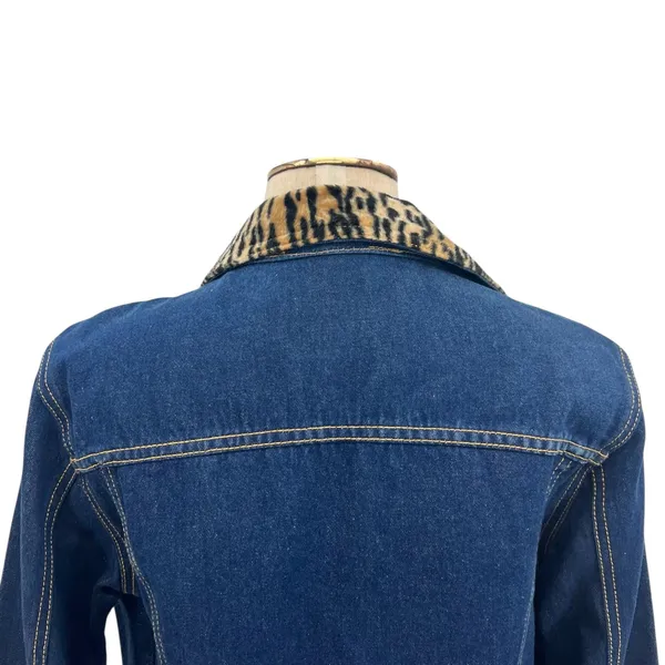 Vintage Playboy Leopard Trim Denim‎ Jacket Y2K Cropped Jean Jacket Size Large - Image 10
