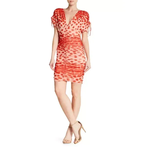 NWT Vertigo Polka Dots Printed V-Neck Short sleeve Ruched Bodycon Dress Size L - Image 3