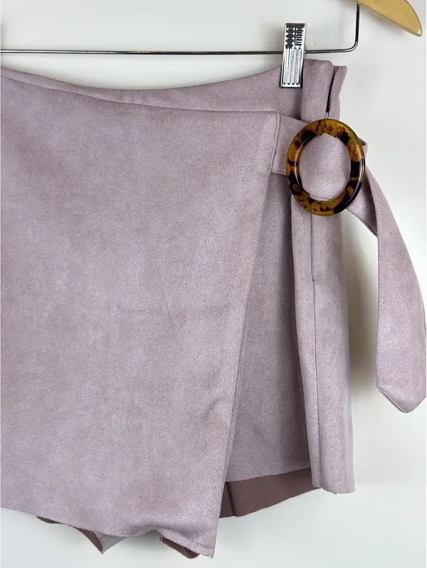 Suede Wrap Skort Tortoise Buckle Y2K Mini Shorts Zara XS Taupe Mauve - Image 4