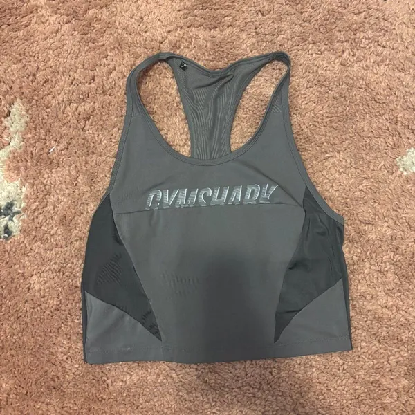 Gymshark Turbo Vest Crop Halter Top Womens Gray Black Performance Athletic READ - Image 3