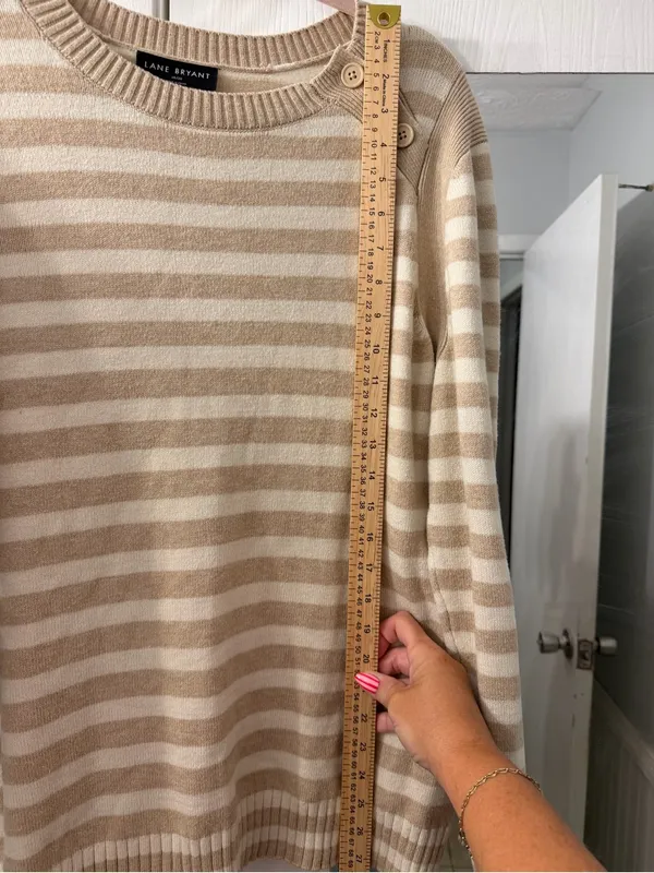 Lane Bryant Cream and Tan Striped Button-Shoulder Crew Sweater - Image 7
