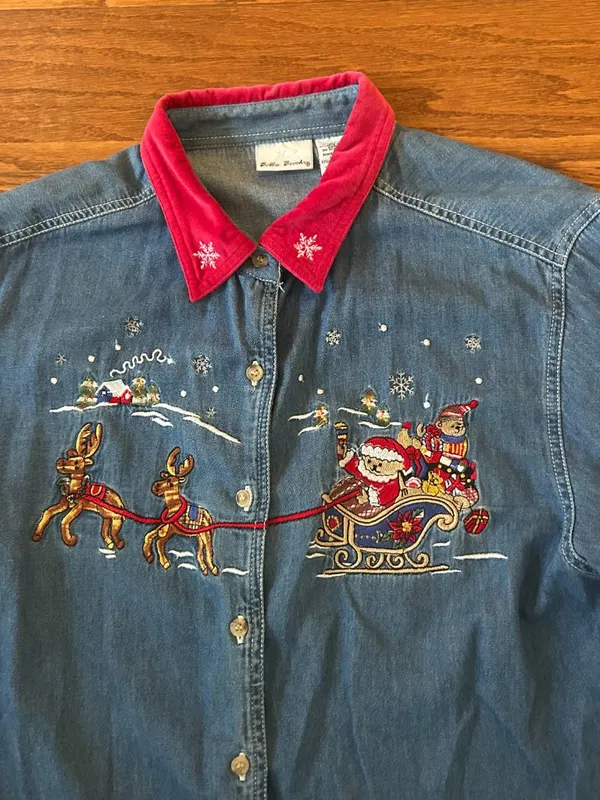 Y2K Bobbie Brooks Santa Reindeer Embroidered Denim Button-Down Shirt Size Large - Image 8