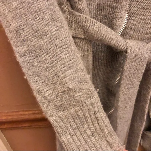 BCBGMaxAzria Wool Blend Open Front Tie Ruffle Zipper Cardigan‎ Grey Medium - Image 4