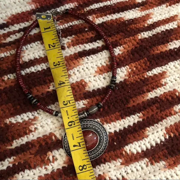 Vintage Whimsygoth Vampy Black Red Spice Necklace Southwestern Beaded Faux Red Jasper Pendant Choker Chunky Stone Boho Adjustable #gothic #whimsical #classy #alternative #emo Measurement in pics - Image 4