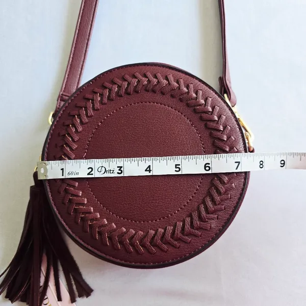 Stylish Round Crossbody Bag in Deep Burgundy Braided Detailing‎ - Image 6