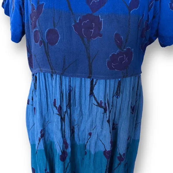 Vintage 90s Ombre Blue Dark Floral Crinkle Dress Short Sleeve Maxi‎ Festival - Image 3