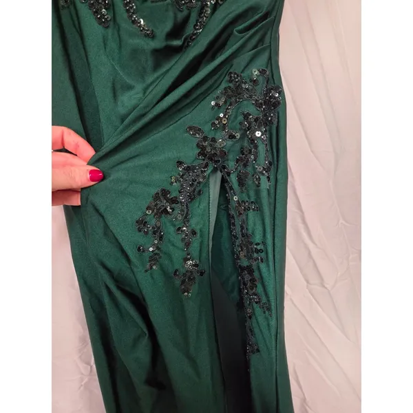 Jules + Cleo Emerald Green Off Shoulder Slit Long Formal Dress Size 6 Sequins - Image 3