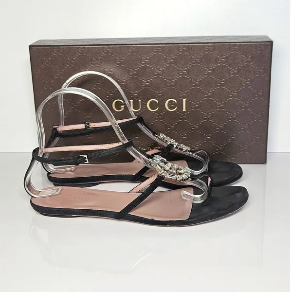 Gucci Black Suede Crystal Interlocking G T-Strap Flat Sandals Glam Size 37.5 - Image 8