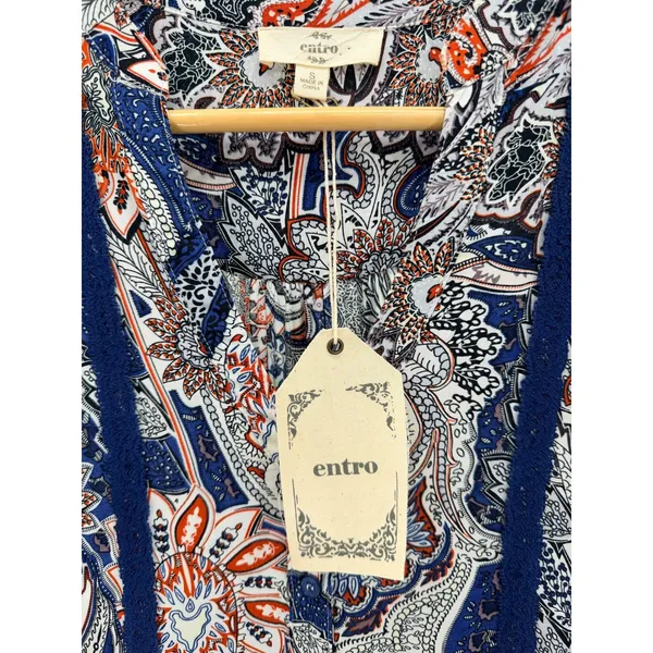 Entro Paisley Tunic Dress S Small NWT Blue Orange Boho Crochet Lace Henley D5752 - Image 2