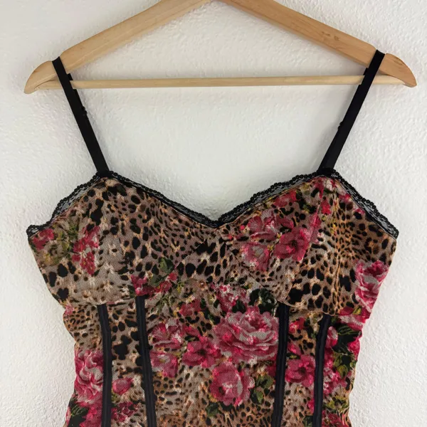 No Boundaries Vintage Y2K Brown Pink Leopard Rose Corset Style Mesh Babydoll Cami Tank Top - Image 4