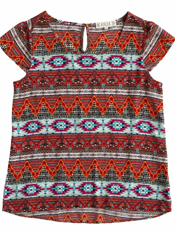 Pink Rose Multicolor Printed Boat Neck Short Sleeve Top, M - Image 3