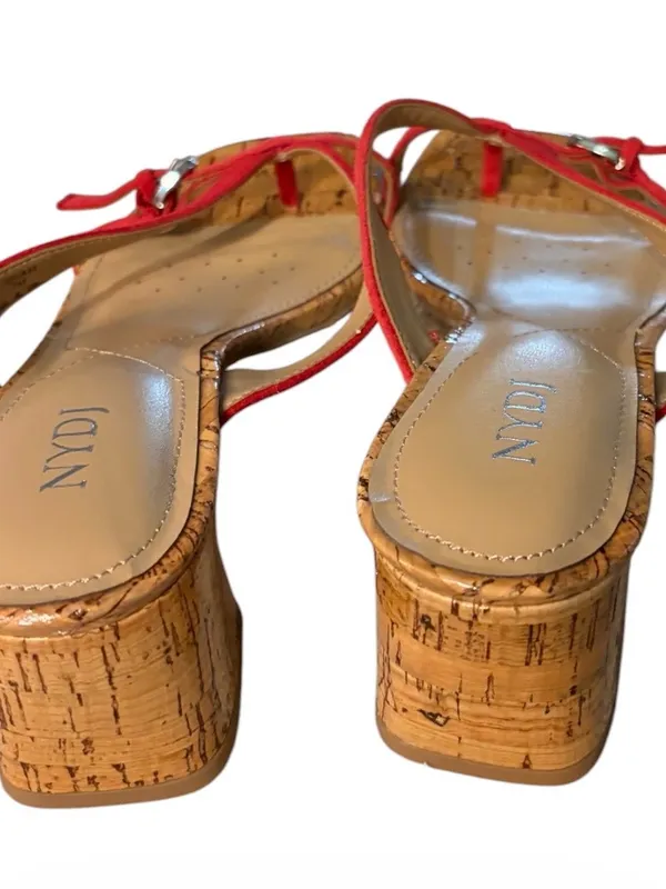 NYDJ Red Suede Cork Square Toe Thong Heeled Sandals Women's Size 7 New - Image 5