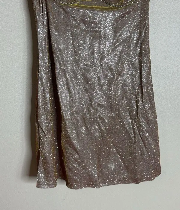 Elegant LOW-CUT GLITTER CAMI DRESS in apricot ladies size medium stretch cute - Image 4