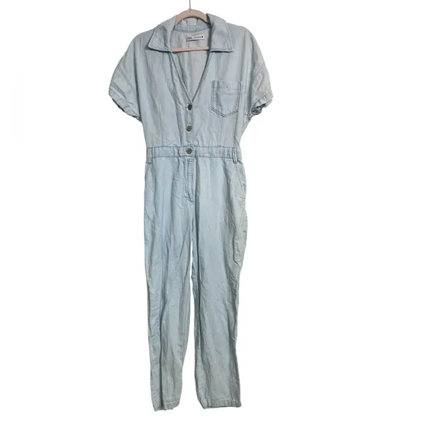 Zara Women’s Blue Denim Cotton‎ Linen Blend Jumpsuit Size Medium - Image 2