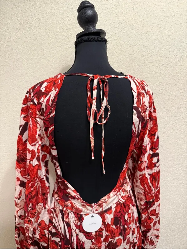 En Creme Floral Mini Dress Boho Cottagecore Open Back Plunge Long Sleeve M - Image 7