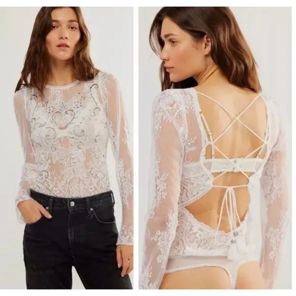NWT $168 FREE PEOPLE Ready To Party Bodysuit White Embellished Lace Mesh Sheer S - Image 2